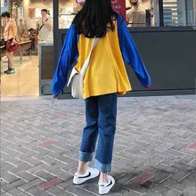 Весна и осень, прямые джинсы, женские, в студенческом стиле, синие, завитые, прямые штаны, свободные, бойфренд, длина по щиколотку, джинсовые штаны