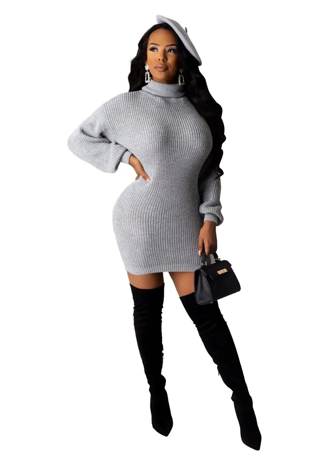 gray dress Зимнее платье-свитер, женское элегантное платье с длинным рукавом-фонариком, облегающее женское платье, Повседневное трикотажное клубное мини-платье в рубчик - Цвет: gray dress