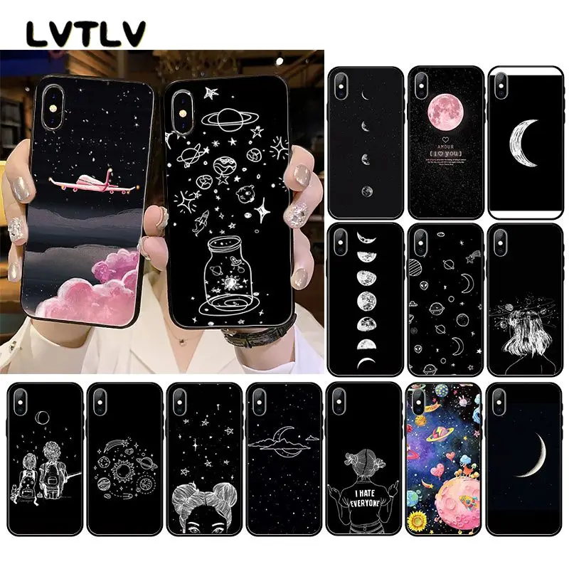 LVTLV черный с белой луной звездами космонавтом чехол для телефона iPhone 11 pro XS MAX 8 7 6 6S