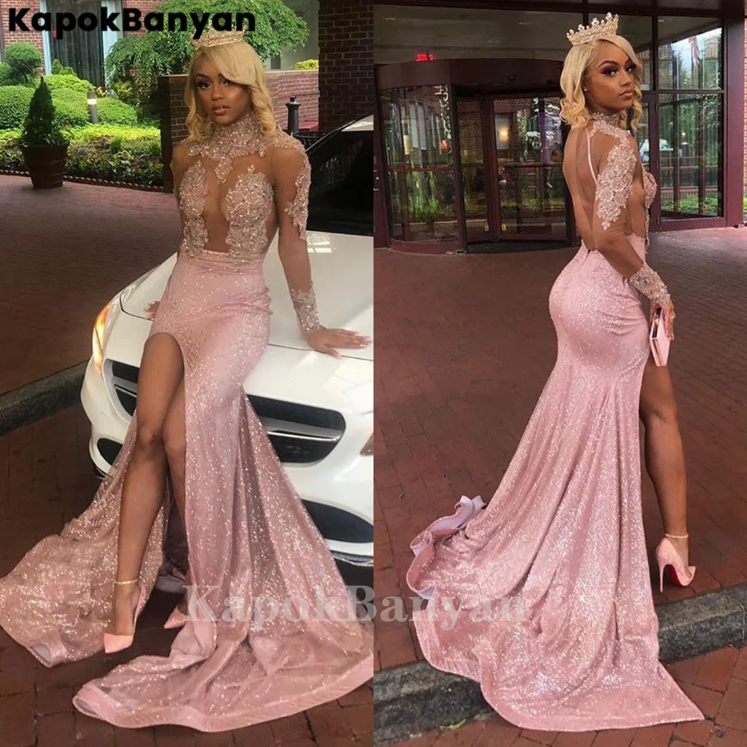 Pink High Neck Transparent Tulle Sequins Split Mermaid Prom Dress Shiny Applique Sexy Party Gown