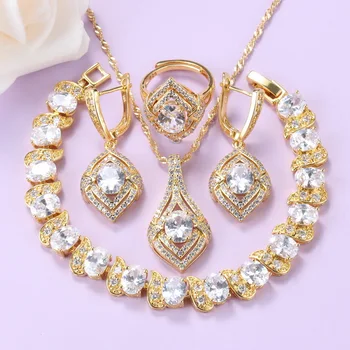 

Wedding Accessories White Cubic Zirconia Jewelry Sets For Women Necklace And Earrings Bridal Luxury Gold-Plated Bracelet Set