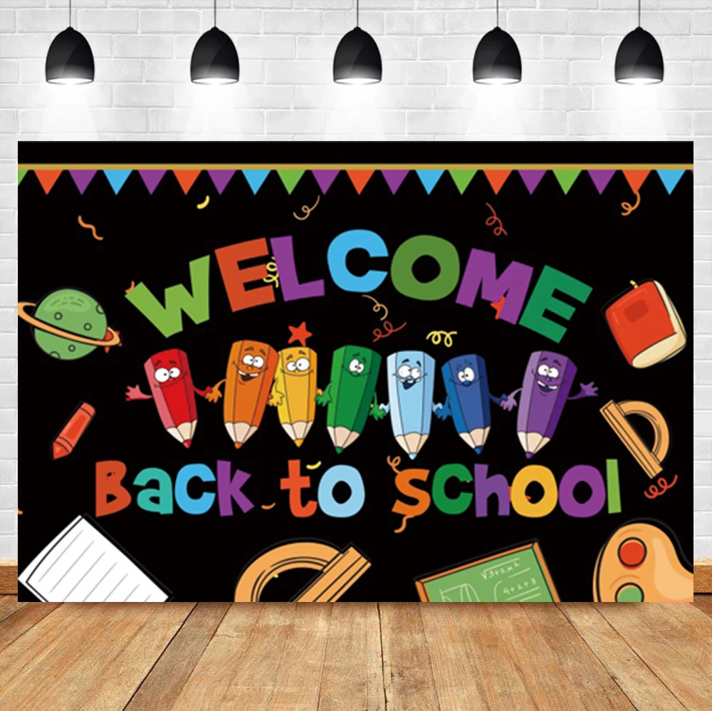 

Laeacco Welcome Kids Back To School Day Photo Background Cartoon Crayons Blackboard Photographic Backdrop For Photo Studio