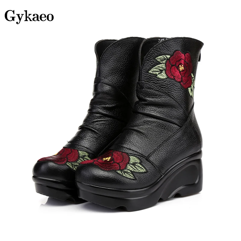 

Gykaeo Winter National Style Genuine Leather Warm Women Boots Mother High Heels Floral Cotton Shoes Botas Mujer Invierno 2019
