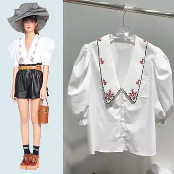 

2020 Summer Clothes Women Sweet Peter Pan Collar Short White Shirt Fashion Puff Sleeve Embroidery Blouse