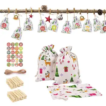 

24pcs Linen Drawstring Bags Christmas Advent Calendar Countdown Gift Pocket Calendar Xmas