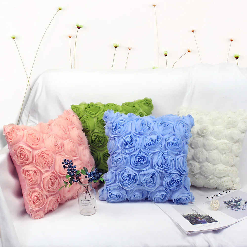

3D Rose Flower Chiffon Fabric Sofa Cushion Cover 40X40cm 45X45cm Throw Pillow Cover Embroidery Decorative Pillow Case Home Decor