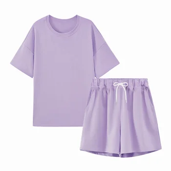 

2020 Summer Tracksuits Womens Two Peices Set Leisure Outfits Cotton Oversized T Shirts High Waist Shorts Candy Color Clothing