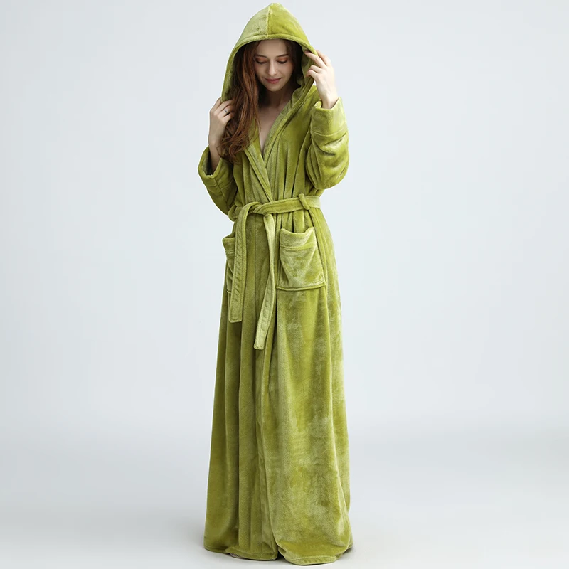 Women Grass Green Мужской длинный теплый фланелевый Халат размера плюс, зимний банный халат с капюшоном из кораллового флиса, банные мужские халаты, ночная одежда для женщин, сексуальный халат - Color: Women Grass Green