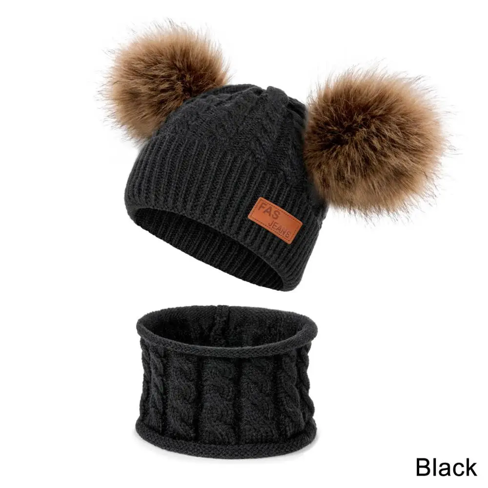 YEABIU/Новинка; зимняя шапка и шарф; зимняя детская шапка; теплая шапка и снуд для девочек и мальчиков; Детский комплект из шапки и шарфа; аксессуары - Цвет: A-black