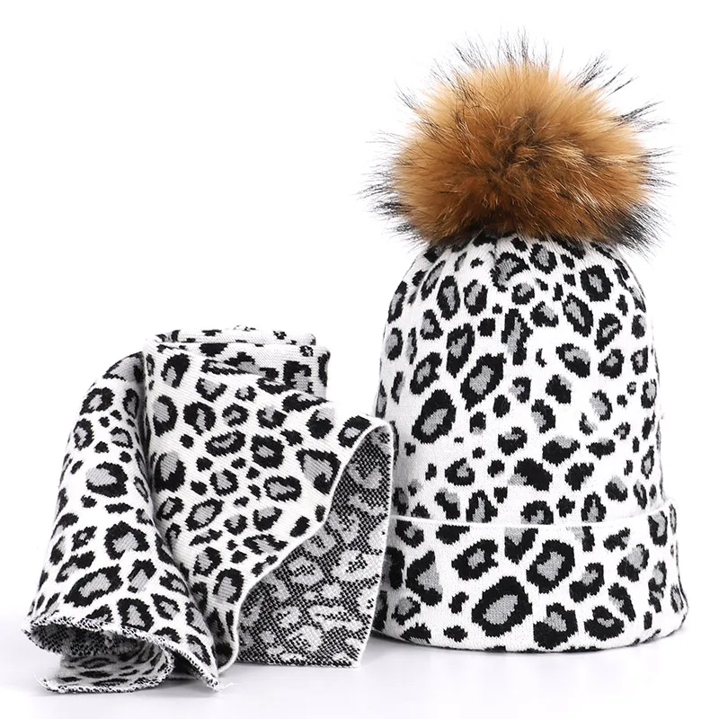 Новинка, Зимний вязаный шарф-бини с помпоном, комплект из 2 предметов, женская модная леопардовая Повседневная шапка, шарфы, утолщенная мягкая шапка, теплая шапка для катания на лыжах - Цвет: White-4