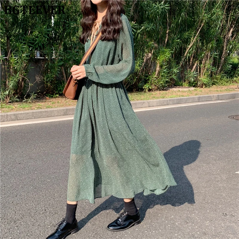 BGTEEVER Vintage Lace Up Polka Dot Women Dress Spring Elastic Waist Female Long Dress 2020 Spring Summer A-line Vestidos femme BGTEEVER Vintage Lace Up Polka Dot Women Dress Spring Elastic Waist Female Long Dress 2020 Spring Summer A-line Vestidos femme