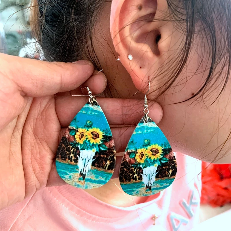 12 pares de pendientes colgantes con forma de cabeza de toro occidental de girasol, nuevos pendientes de moda de cuero estampado de leopardo Metal para mujer|Pendientes con forma de gota| -