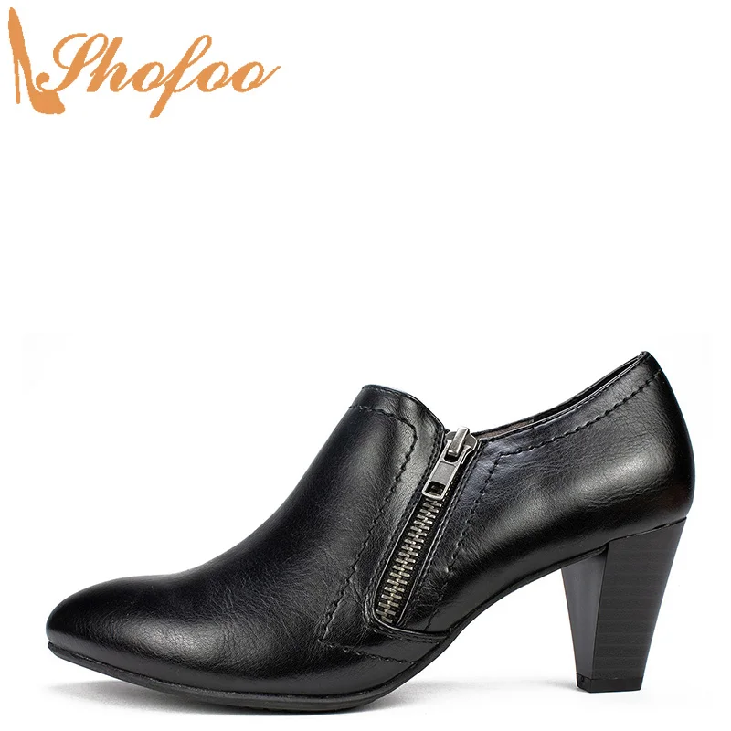 Черные ботильоны на высоком КОНУСНОМ каблуке женские ботинки на молнии с круглым носком; большие размеры 12, 15; модная зимняя обувь для зрелы...