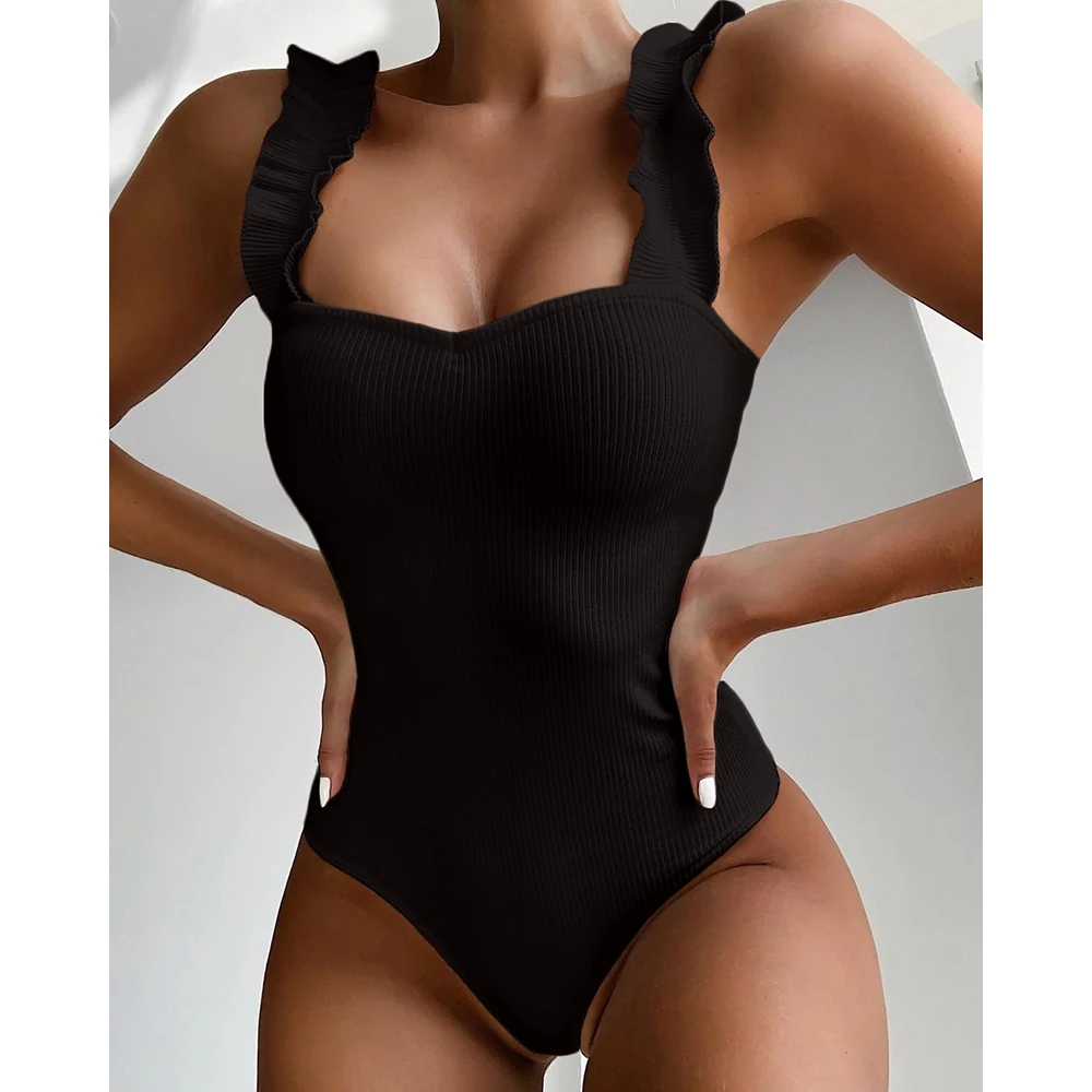 Купить Vintage Swimsuit Women One Piece Ruffle Strap Swimwear Female Push Up Monokini Padded Beach Bathing Suits Black Bodysuits  Спорт и | Комбинезоны (1005001964931859)