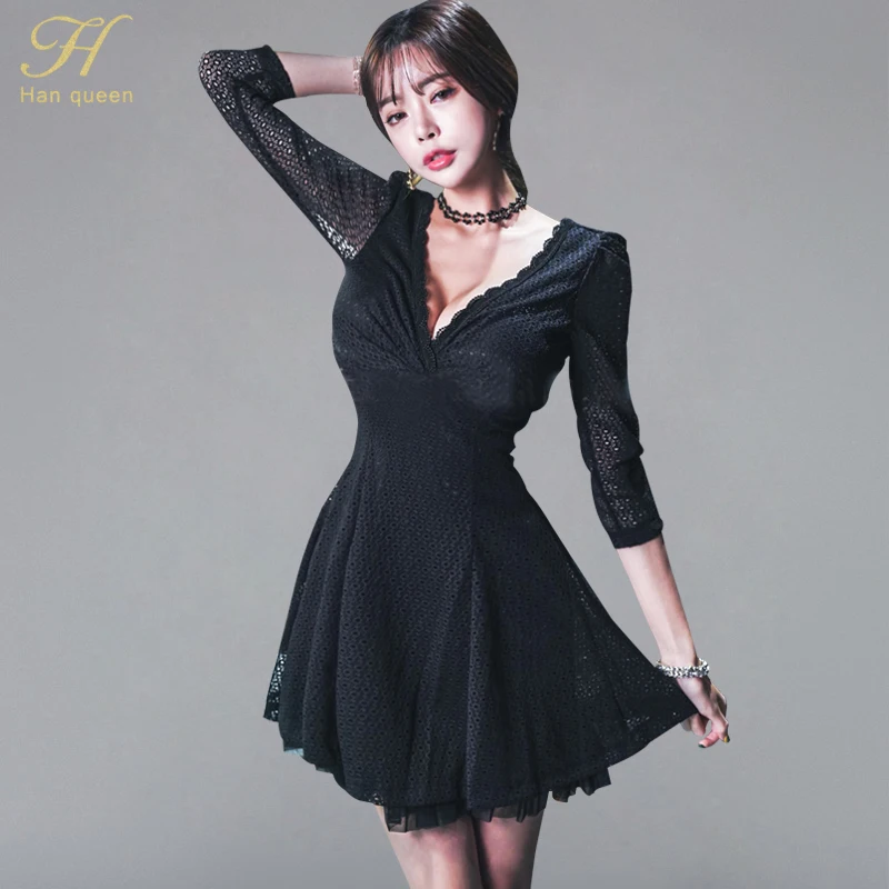 

H Han Queen A-line Lace Mesh Patchwork Mini Dress Women 2019 Autumn Hollow Out Nightclub Dresses Sexy V-neck Slim Party Vestidos
