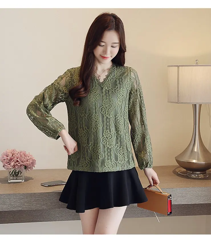 Women's Large Size Blouse Green Lace Tops Fashion Long Sleeve Blusas Mujer 2019 Moda Autumn Elegant Dentelle Shirts Female (6)