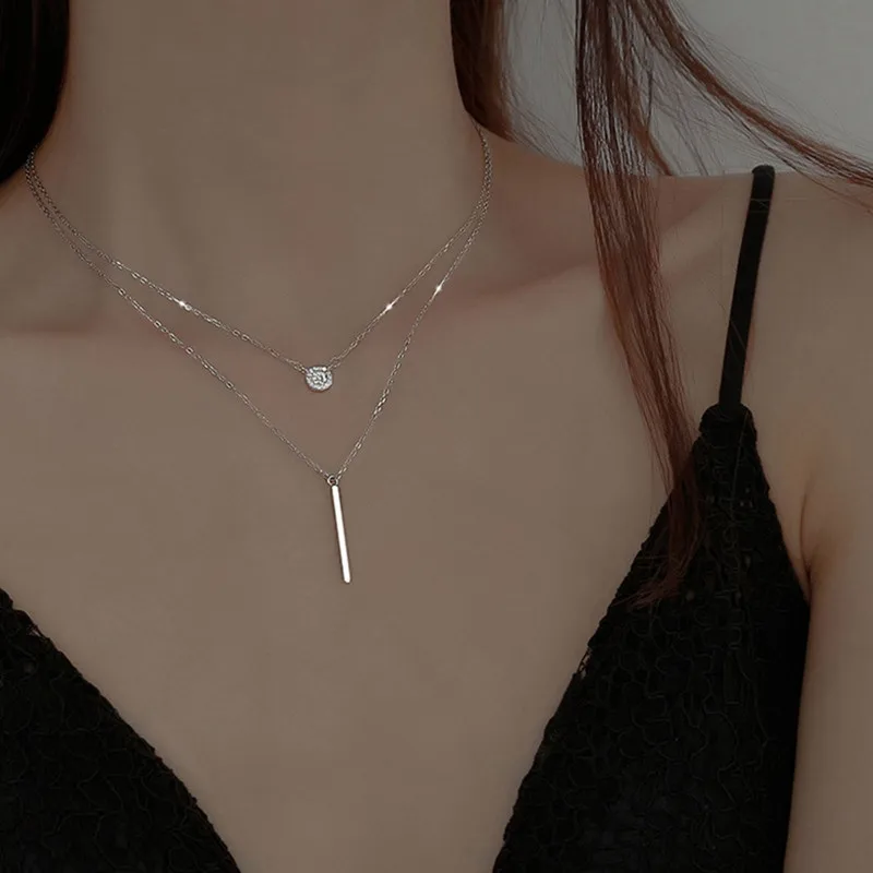 Silver Color Double Layer Chain Necklace Round Shiny Full Zircon Long Pendant Choker Gift for Girl Fashion Accessories | Украшения и