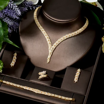 

HIBRIDE AAA CZ Leaf Design Luxury Bridal Wedding Jewelry Sets Women 4pcs Gold Color Bridal Jewelry Sets Parure Bijoux N-1516