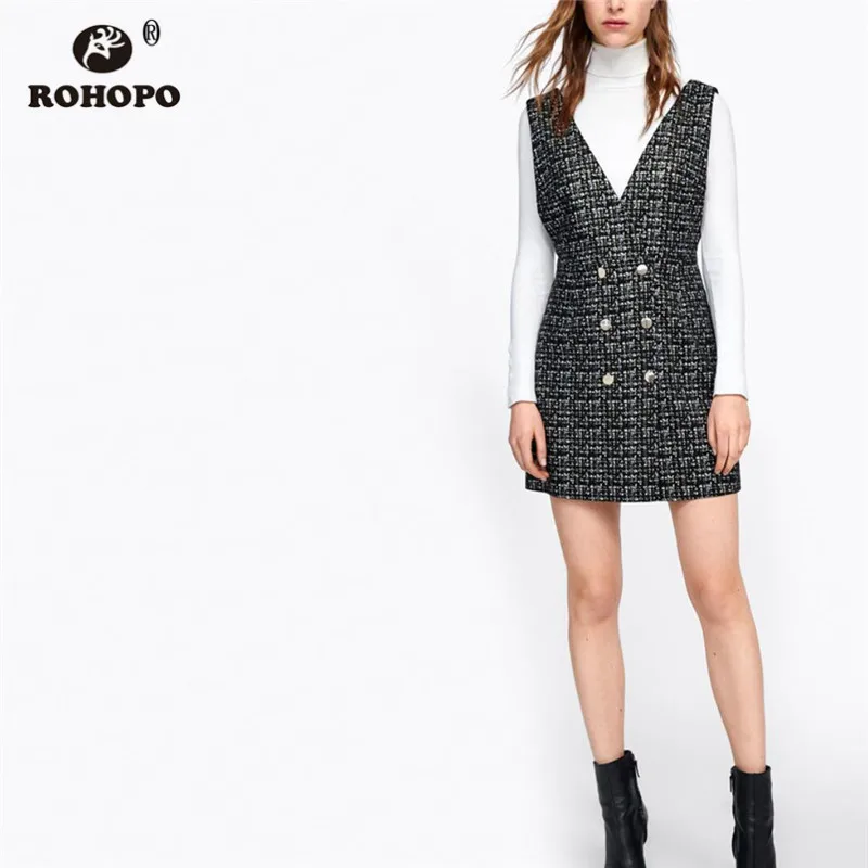 

ROHOPO Double Breast Buttons Tweed Autumn Plaid Dress Sleeveless V Collar Chic Female Preppy Girl Thick Mini Robe #2633