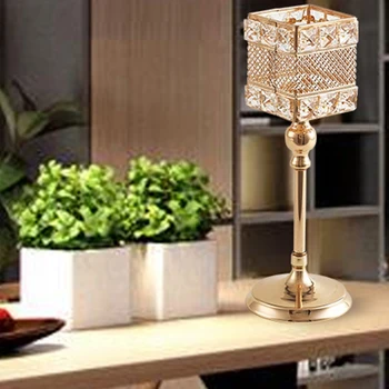 

ABUI-Wedding Center Candlestick Party Decoration Artificial Crystal Candlestick Shiny Gold Square Candlestick Home Decoration