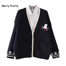 Merry Pretty зимние кардиганы с вышивкой кролика женские жаккардовые вязаные однобортные свитера с v-образным вырезом и двойным карманом