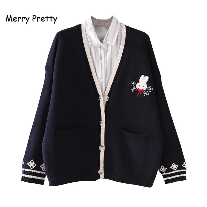 

Merry Pretty Winter Rabbit Embroidery Cardigans Women Jacquard knitting Single-breasted double pocket V-neck Sweet Sweaters top