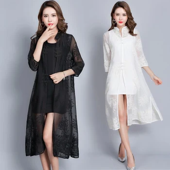 

COIGARSAM National Wind Chiffon Shirt Womens tops New Summer Women shirts White Black 3008