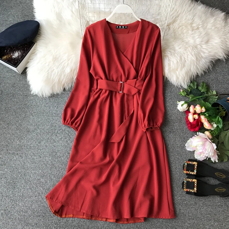 rusted red ALPHALMODA осеннее офисное женское платье с длинными рукавами и поясом, новое повседневное шифоновое платье с высокой талией и v-образным вырезом, однотонное женское платье до середины икры - Цвет: rusted red