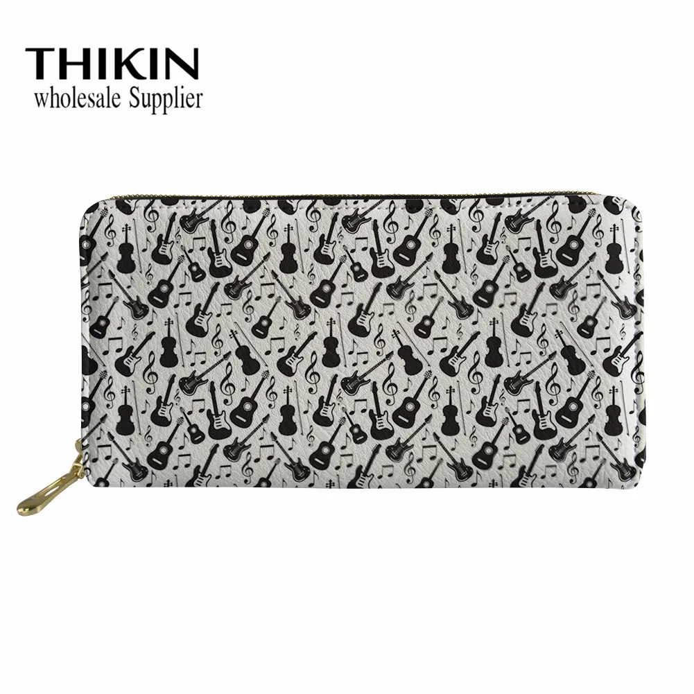 

THIKIN Cartoon Guitar Music Note Pattern Women Wallet with Zipper Money Bag Ladies Clutch Holder Cash Purse Custom Images