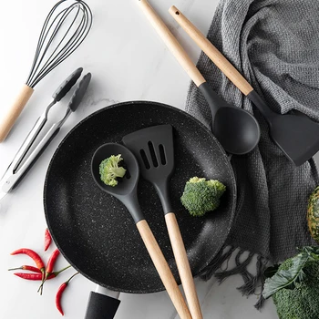 

Silicone Non-stick Cooking Utensil Set Wooden Handle Spatula Soup Spoon Brush Ladle Pasta Colander Cookware Kitchen Accessories