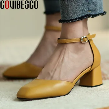 

COVIBESCO Women Party Shoes Genuine Leather Round Toe Comfortable Thick Heel Buckle Wild Sandals High Heels Summer Shoes Woman