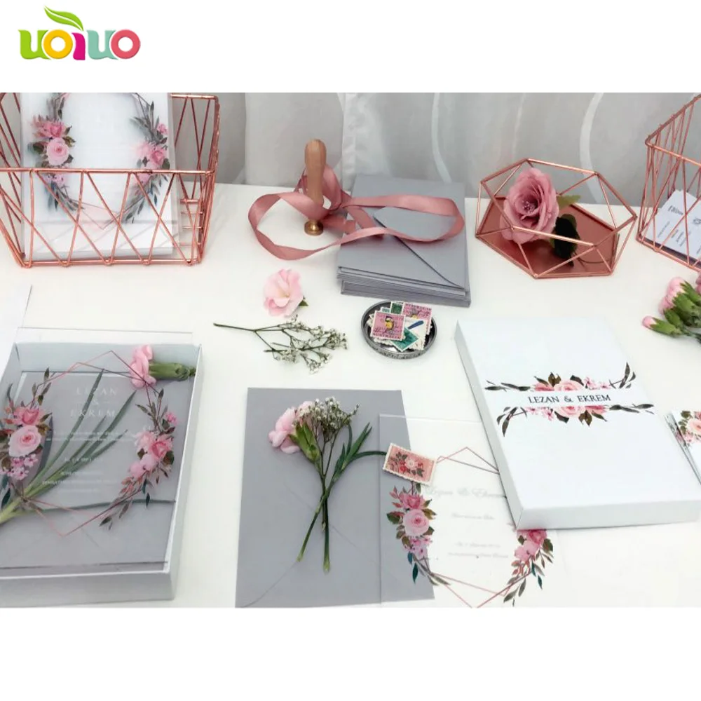 Free shipping 10pcs luxury high class romantic acrylic wedding invitation card hot sell,flower wedding cards with box