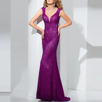 

BGW Lace Evening Dresses Sexy V Neck Hollow Out Back Sleeveless Sweep Train Women Formal Party Dress 2019