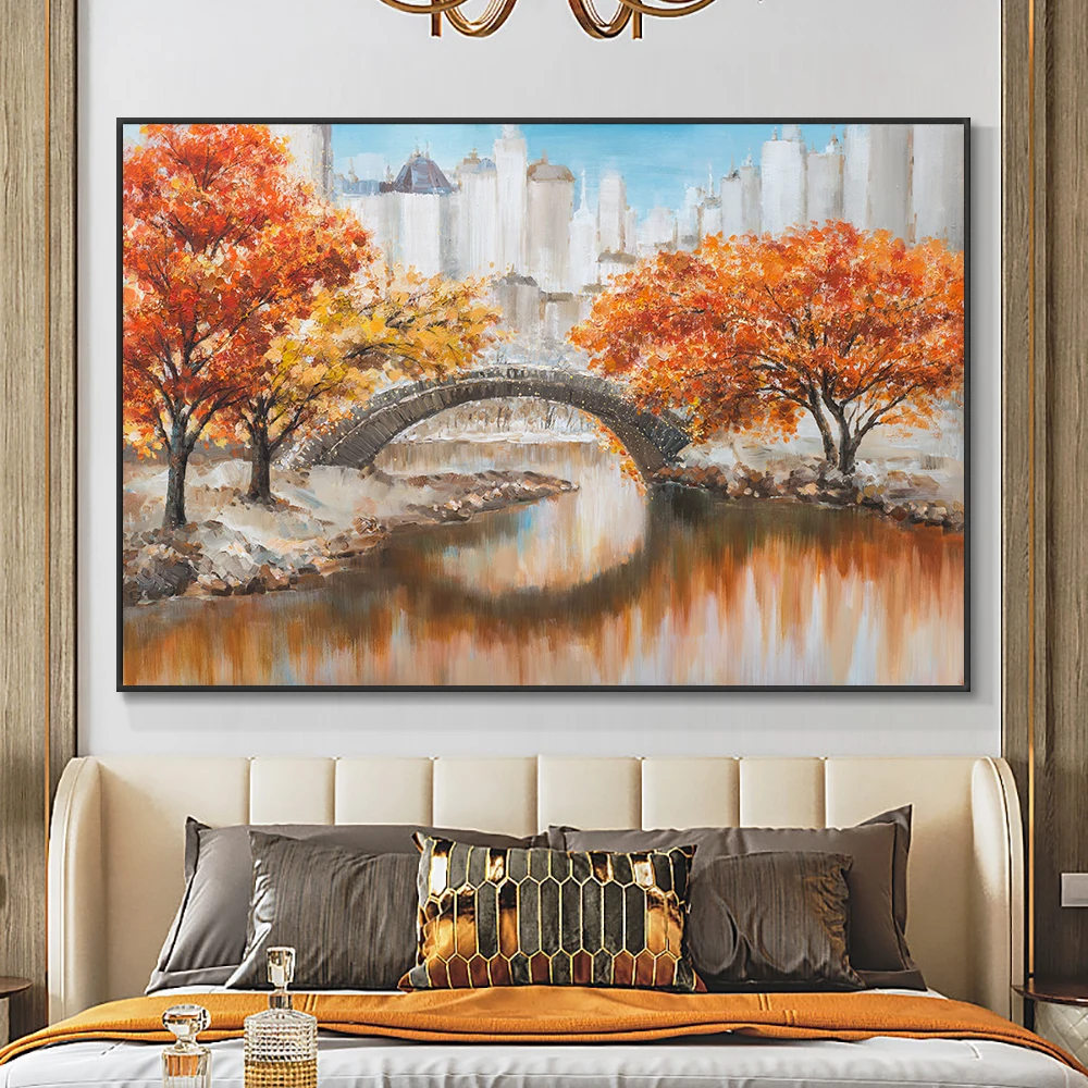 

Abstract Trees Bridge River Painting 100% Hand Painted Oil Painting Modern Landscape Wall Art Canvas Painting For Home Decor