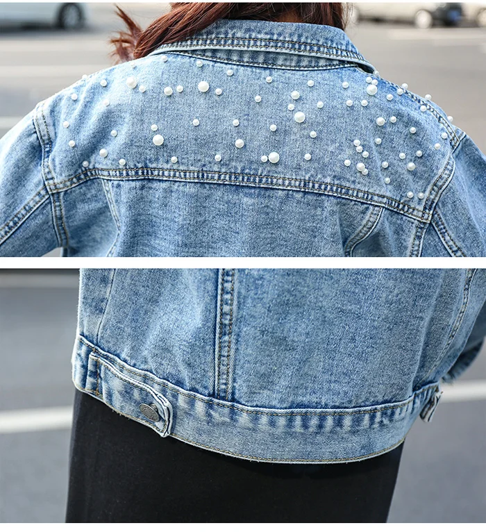 Весенние женские джинсовые куртки с жемчужинами и бисером, 5Xl, Повседневная джинсовая куртка-бомбер с длинным рукавом, черная джинсовая куртка корейского размера плюс