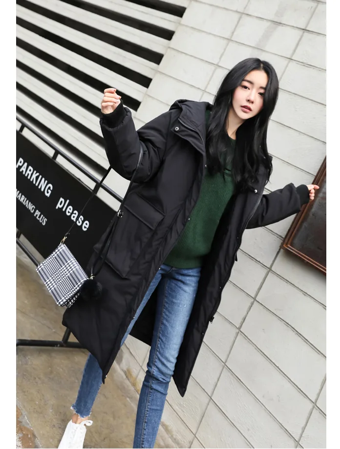 Длинный пуховик, хлопковая куртка, пальто,, зима, новинка, пуховик, парка, женский, утолщенный, теплый, пуховик, хлопок, пальто, женский, с капюшоном, однотонный пуховик