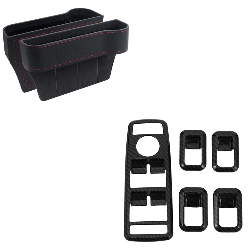 2 Set Car Accessories: 1 Set Pu Leather Seat Console Organizer Pocket & 1 Set Car Decor Door Window Switch Cover Trims