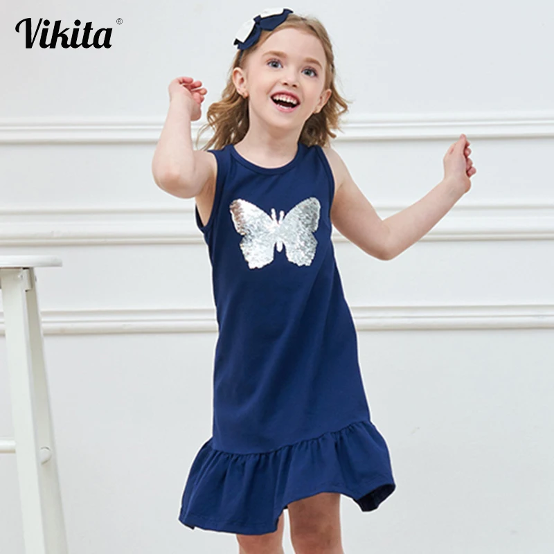 VIKITA/Летняя одежда для девочек; Детские платья с рюшами без рукавов; платье с бабочкой, Кроликом, звездой и блестками для девочек; детское Хлопковое платье