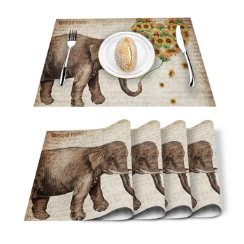 

Sunflowers Elephants Vintage Newspaper Placemat Washable Cotton Linen Table Cloth Pad Mat Rectangle Placemats Heat Resistant