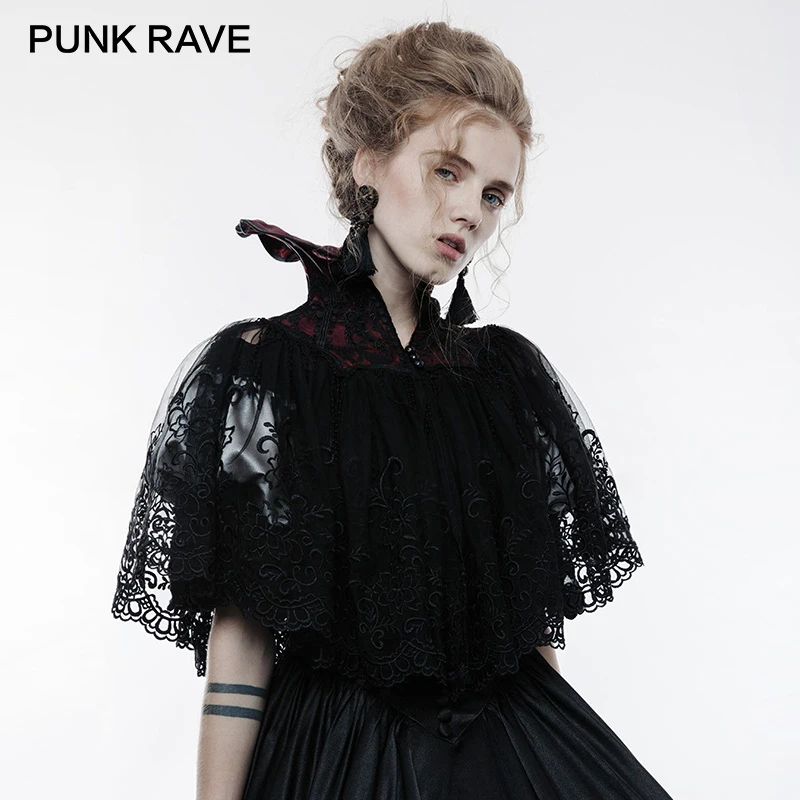 

PUNK RAVE Gothic Bat Black Red Jacquard Stand Up Collar Embroider Lace Short Cape Wraps 3D Embroider Lace Network Women Clothing