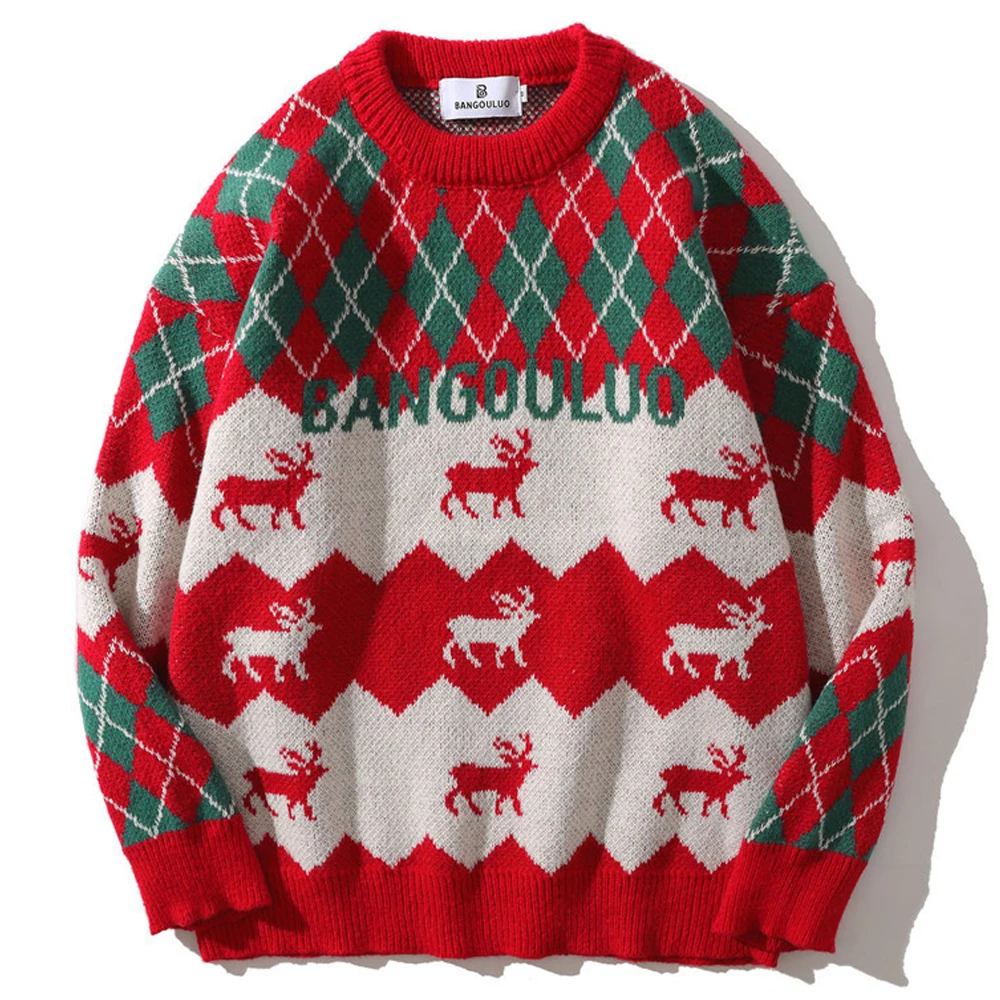 

Hip Hop Knitwear Sweaters Mens 2021 Christmas Patchwork Print Sweaters Jumpers Tops Couple Casual Streetwear Pullover Sweaters