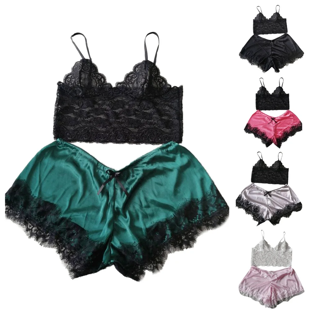 One Size Women Lace Floral See through Camis Tank Tops+Silk Satin