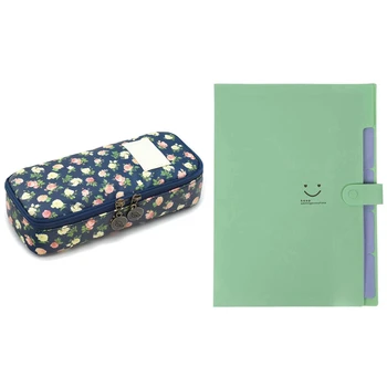 

Pencil Case,Zipper Box Office Organizer Rose Floral, Cyan & Plastic Expanding File Folders 5-Pocket A4 Letter Size