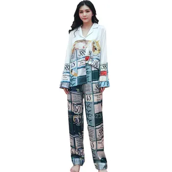 

Women Pajamas Set Cartoon Silk Lounge Spring Full Sleeve Top Trousers Suit Cute Korean Version Pyjamas Sleepwear Nightgown