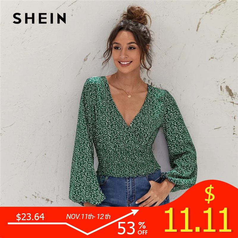 SHEIN Green Lantern Sleeve Ditsy Floral Crop Top Autumn Long Sleeve Wrap V Neck Shirred Hem Boho Womens Tops and Blouses|Blouses & Shirts| - AliExpress
