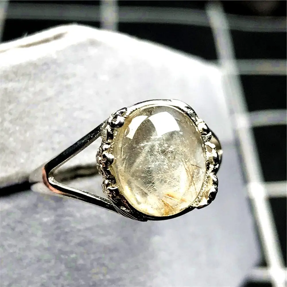 

Natural Gold Rutilated Ring For Woman Man Silver Clear Quartz 12mm Round Beads Crystal Gemstone Adjustable Ring Jewelry AAAAA