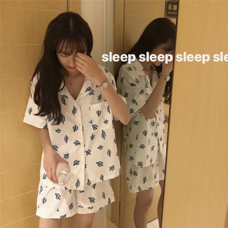 

2019 Summer And Autumn New Style Korean-style Fashion WOMEN'S Dress Loose-Fit Cactus Printed Fold-down Collar Tops Shorts Pajama