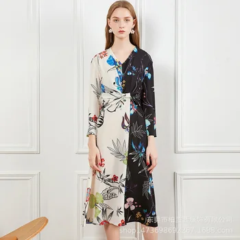 

2020 New Arrival Runway Designer Floral Printed V Neck A-line Dress Women Spring Autumn High Quality Office Lady Fashion Dresses