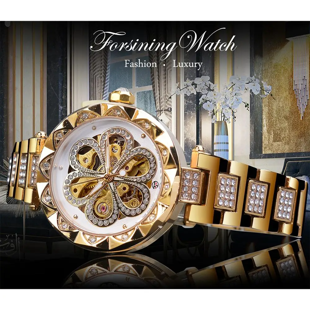Forsining Mechanical Women Watch Top Brand Luxury Diamond Female Watches Automatic Gold Stainless Steel Waterproof Ladies Clock