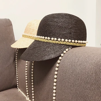 

Hats For Women Summer 2020 Japan Pearl Chain Decoration Natural Straw Baseball Hat Fashion Hat Equestrian Hat Duck Tongue Grass